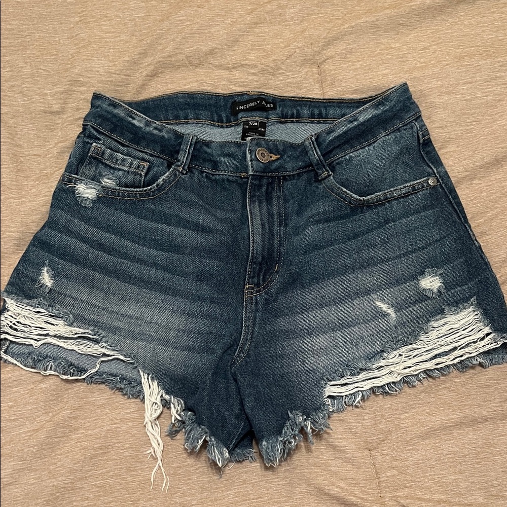 Sincerely Jules Dark Blue Frayed Jean Shorts